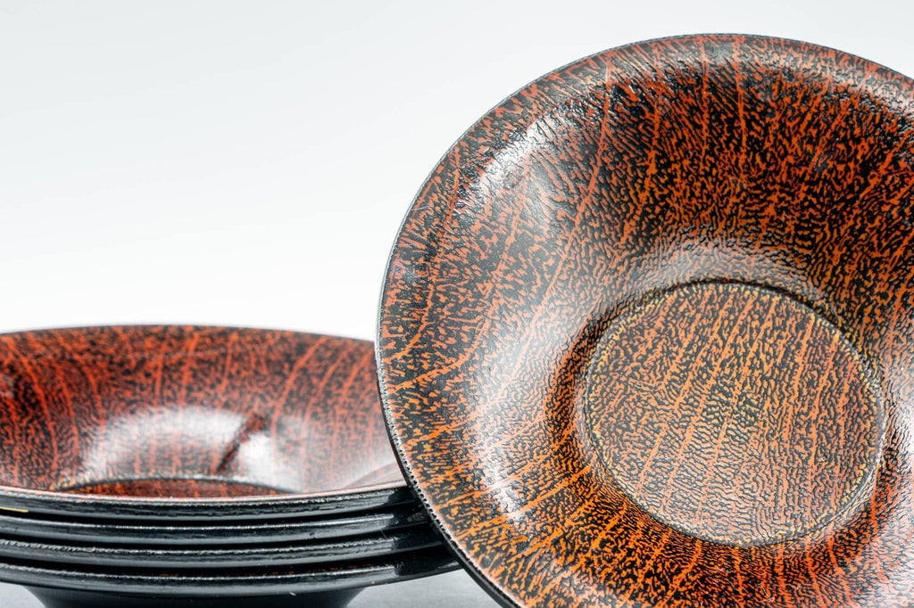 Japanese Chataku - Set of 5 Wood Grain-Patterned Lacquer Tea Saucers