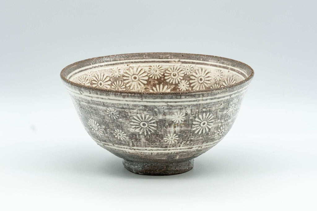 Japanese Matcha Bowl - Floral Mishima Grey White Glazed Chawan - 350ml