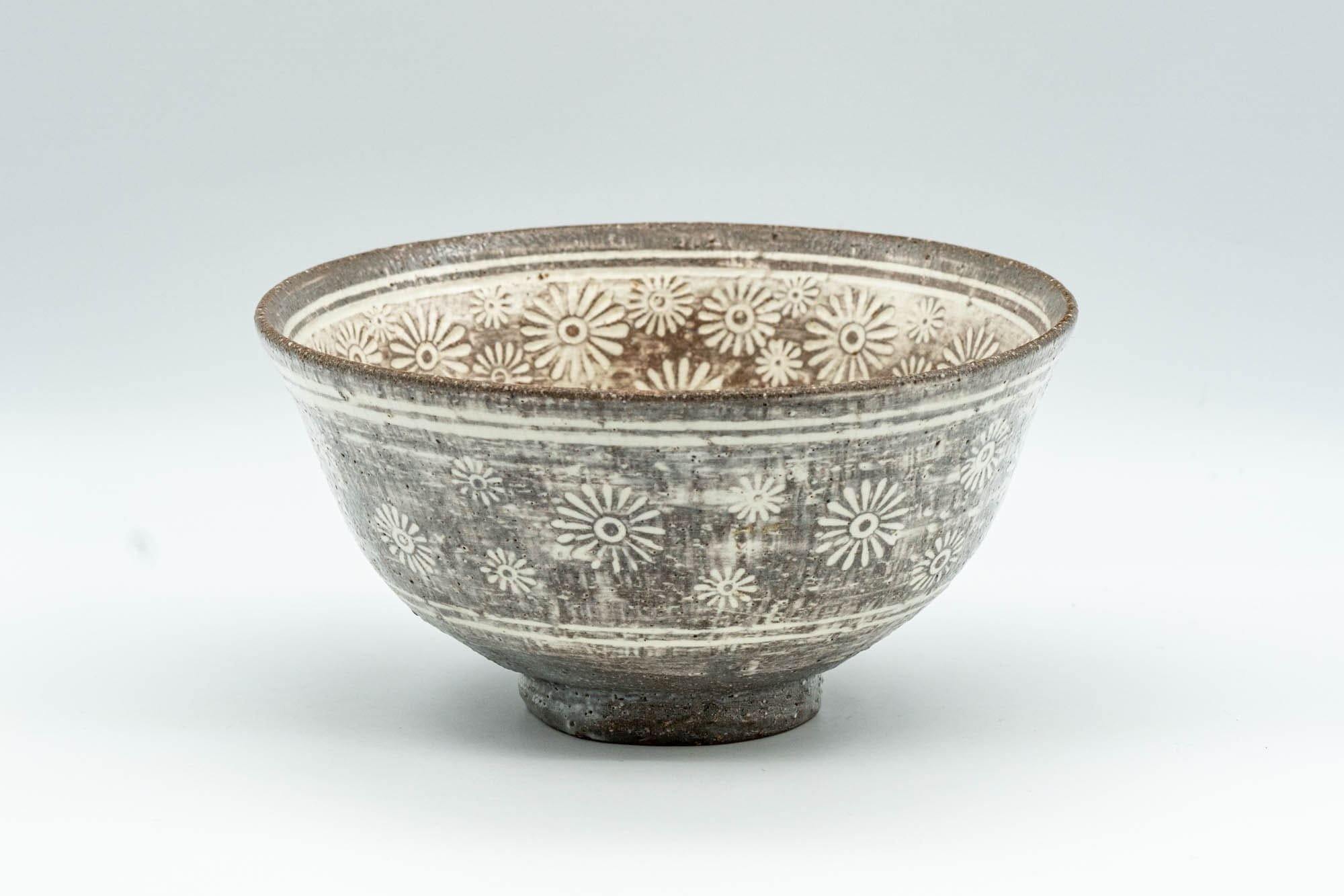 Japanese Matcha Bowl - Floral Mishima Grey White Glazed Chawan - 350ml