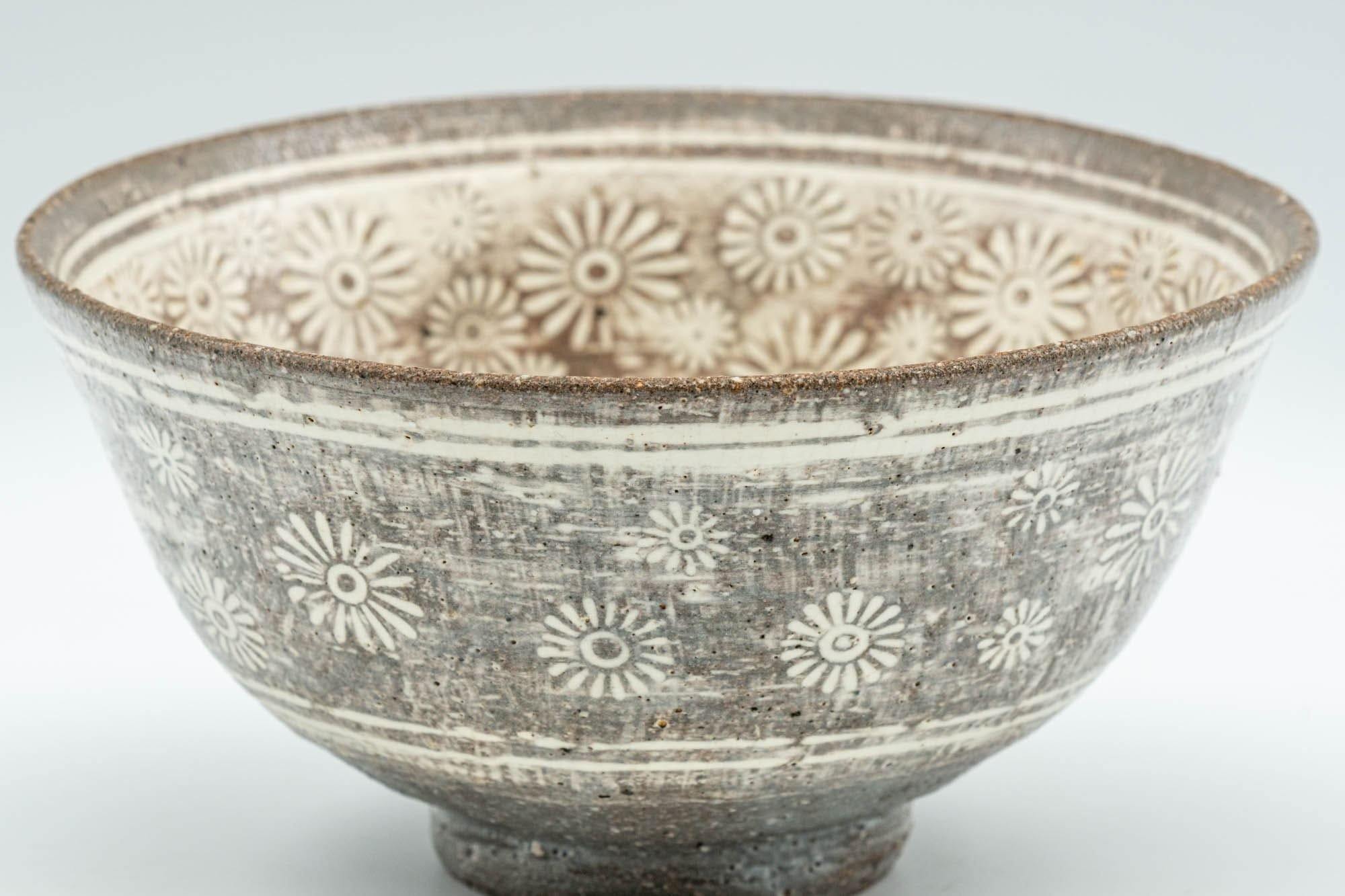 Japanese Matcha Bowl - Floral Mishima Grey White Glazed Chawan - 350ml