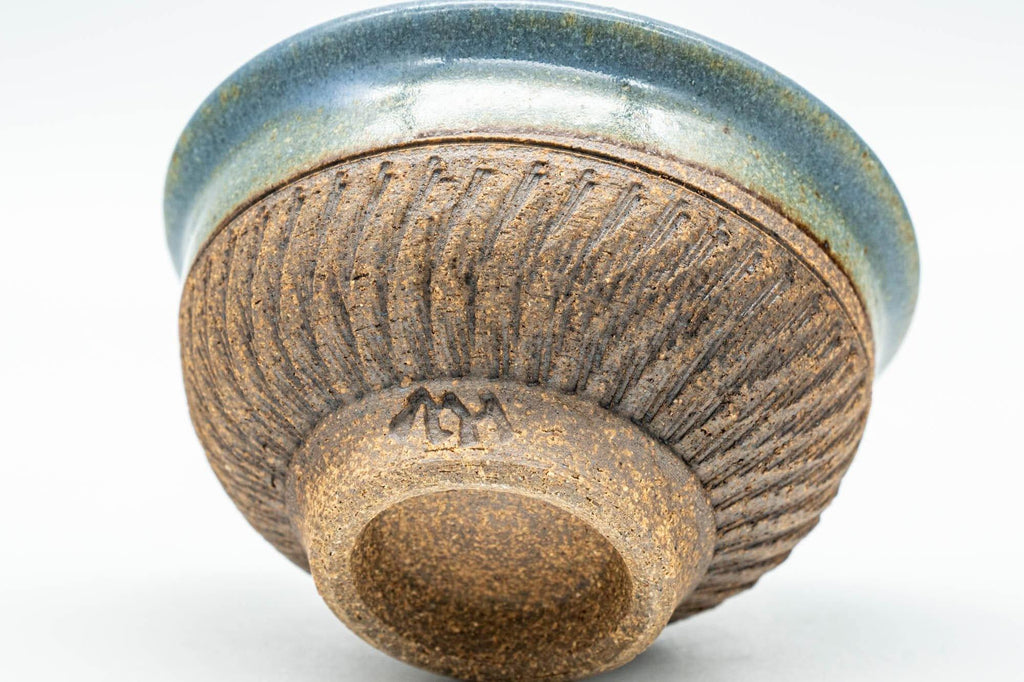 Japanese Teacup - Blue Glazed Carved Base Exterior Guinomi - 45ml