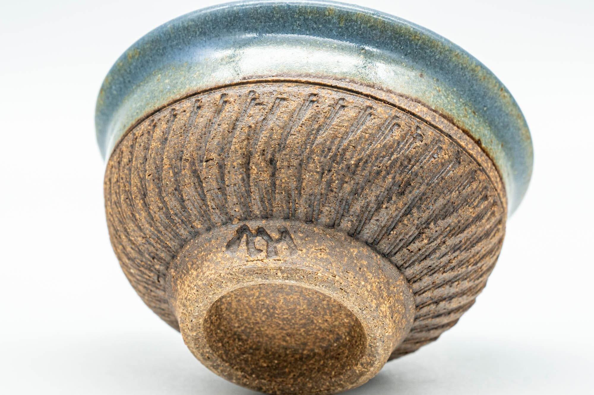 Japanese Teacup - Blue Glazed Carved Base Exterior Guinomi - 45ml