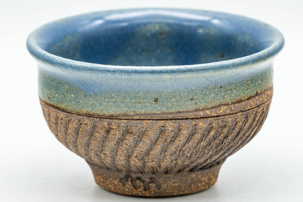 Japanese Teacup - Blue Glazed Carved Base Exterior Guinomi - 45ml