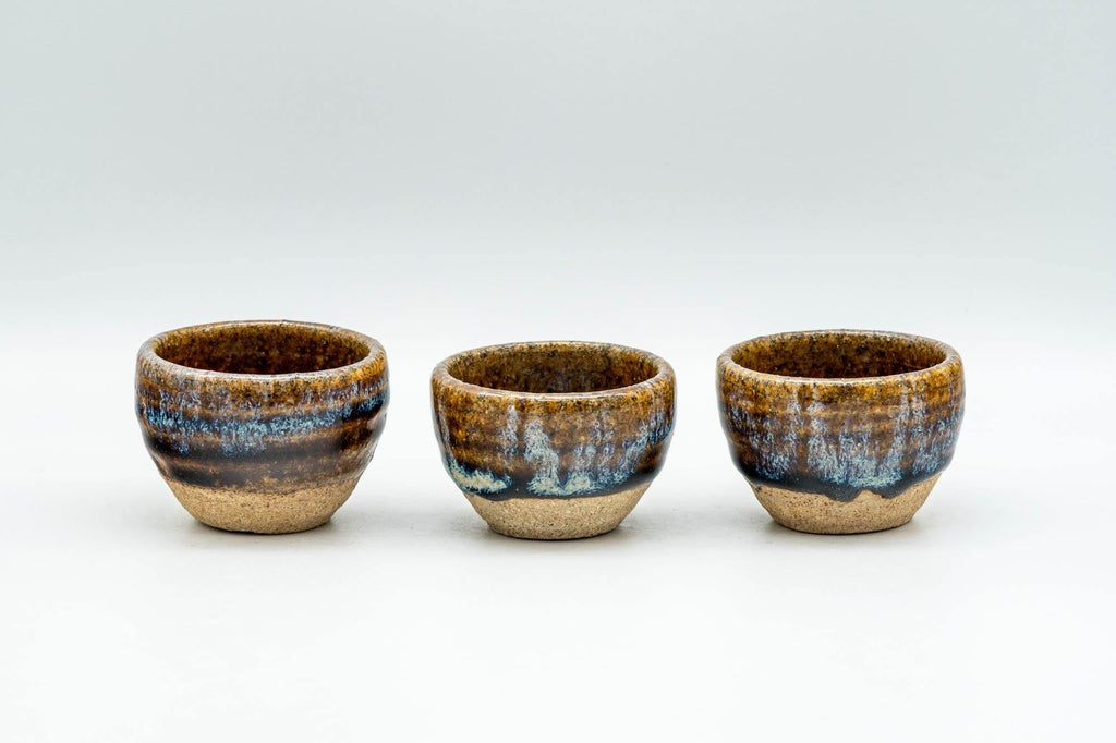 Japanese Teacups - Set of 3 Blue Drip-Glazed Guinomi - 25ml