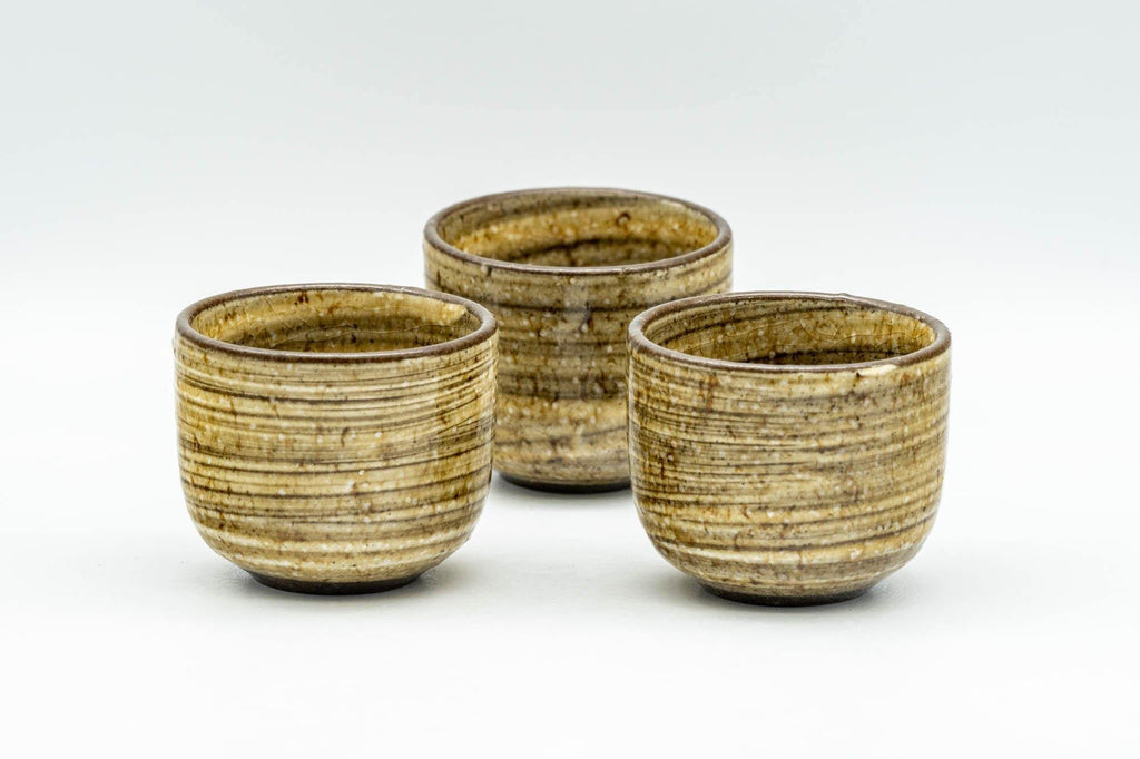 Japanese Teacups - Set of 3 Yellow Brown Striped Guinomi - 40ml