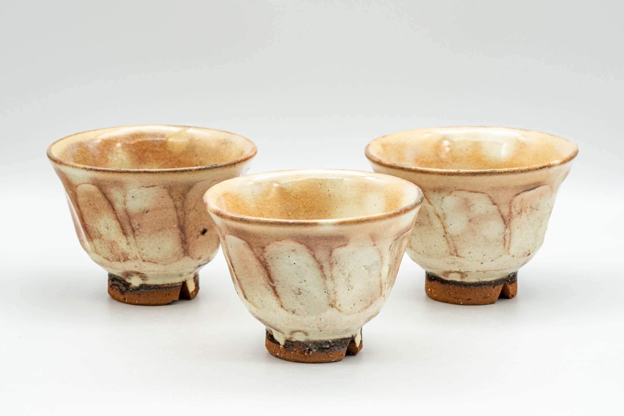 Japanese Teacups - Set of 3 Geometric Beige Glazed Hagi-yaki Yunomi - 110ml