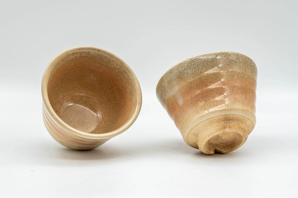 Japanese Teacups - Pair of Beige and Peach Asagao-gata Hagi-yaki Yunomi - 100ml