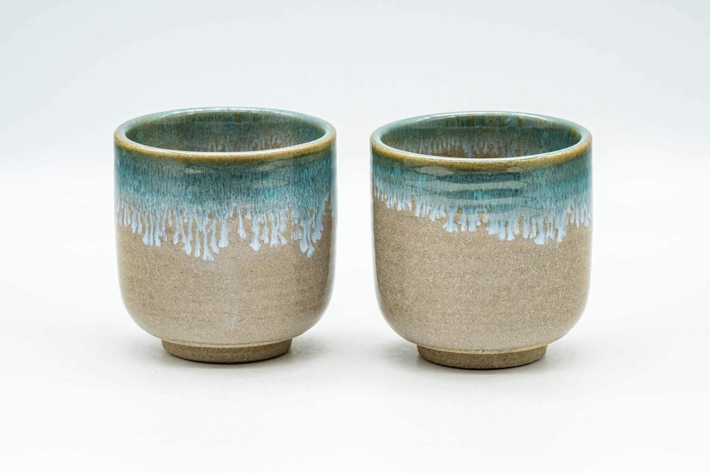 Japanese Teacups - Pair of Turquoise Drip-Glazed Agano-yaki Yunomi - 110ml