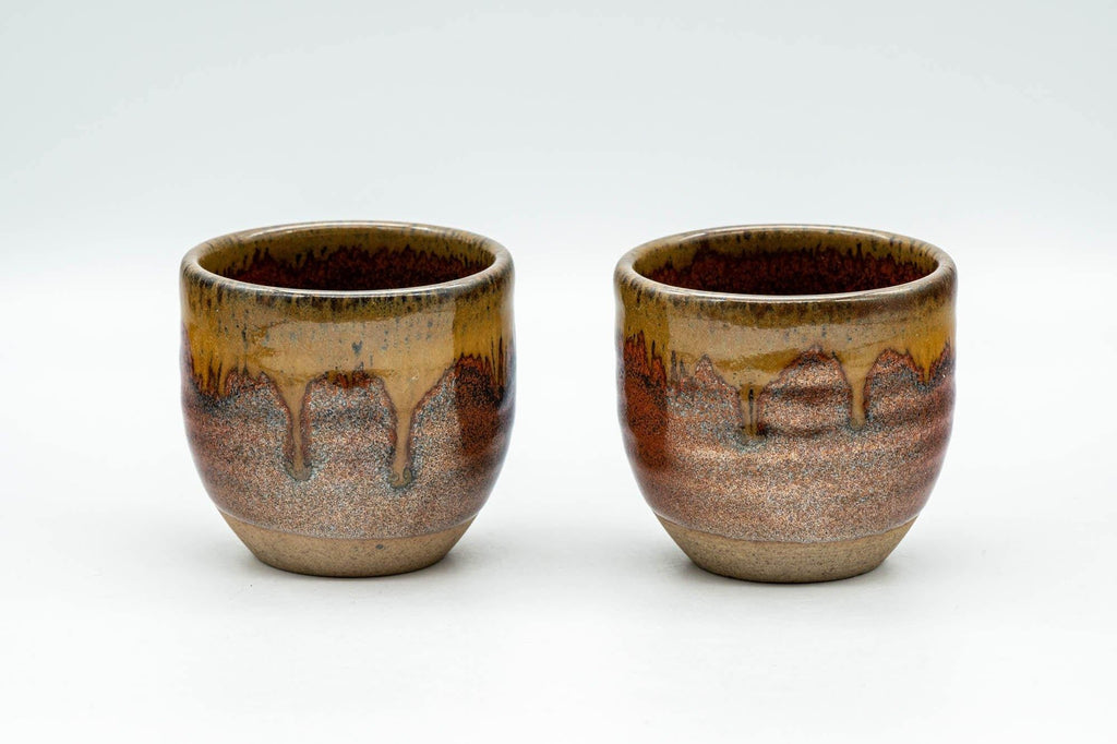 Japanese Teacups - Pair of Red Honey Drip-Glazed Yunomi - 90ml