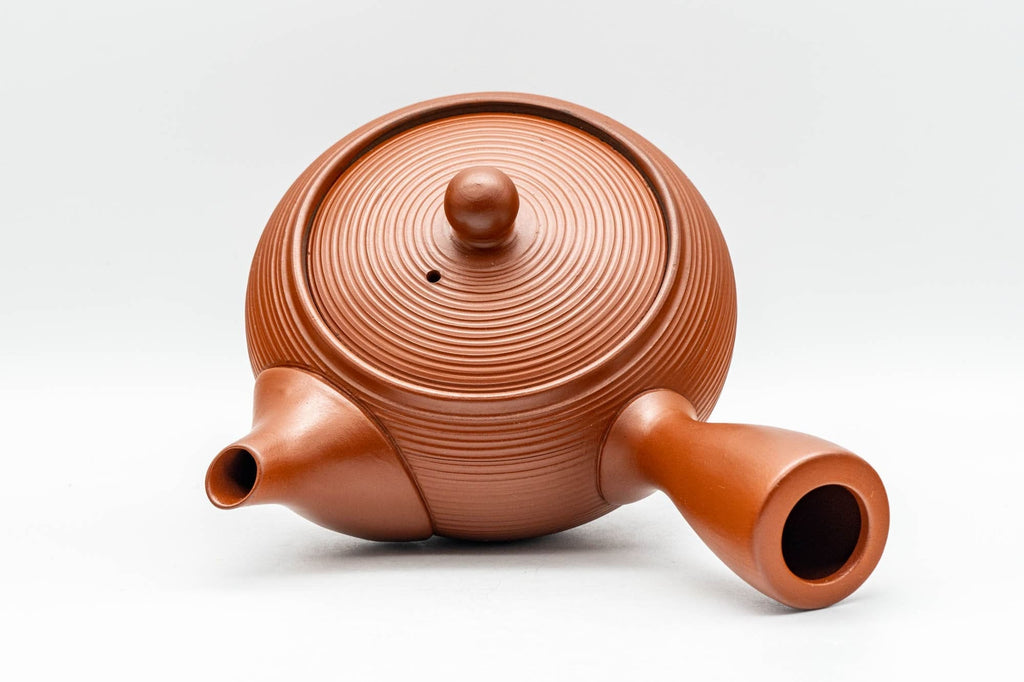 Japanese Tea Set - Red Tokoname-yaki Debeso Kyusu Teapot and 5 Bamboo Yunomi Teacups in Wooden Box