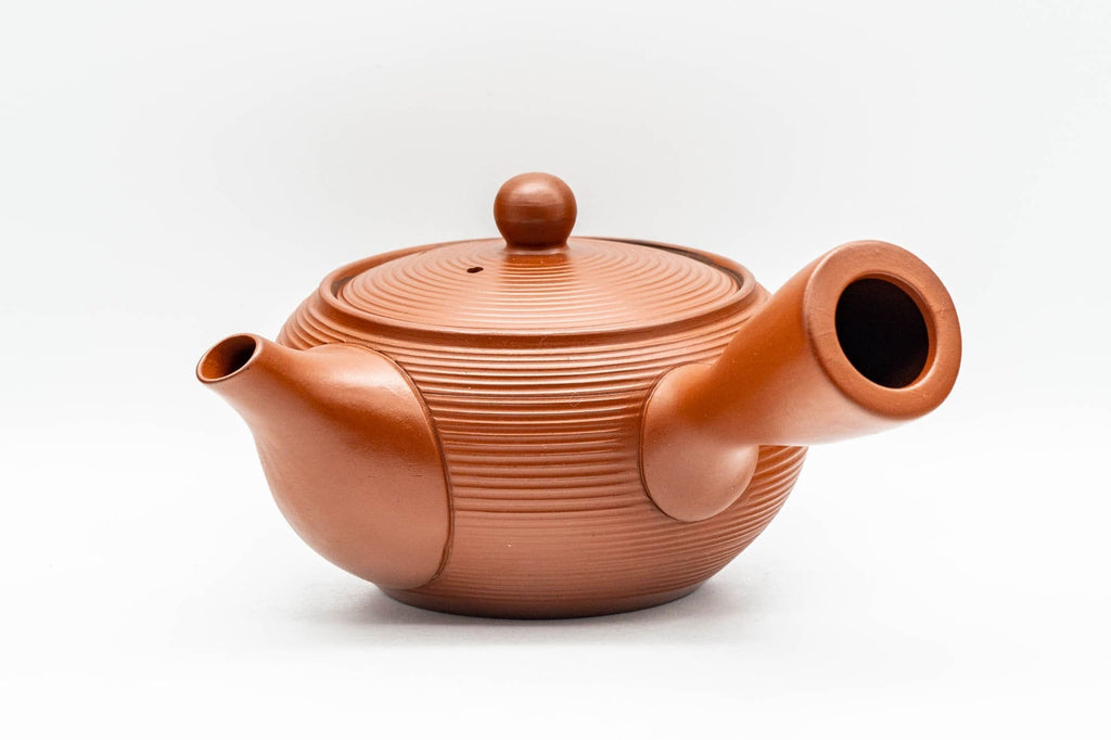 Japanese Tea Set - Red Tokoname-yaki Debeso Kyusu Teapot and 5 Bamboo Yunomi Teacups in Wooden Box