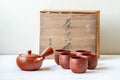 Japanese Tea Set - Red Tokoname-yaki Debeso Kyusu Teapot and 5 Bamboo Yunomi Teacups in Wooden Box
