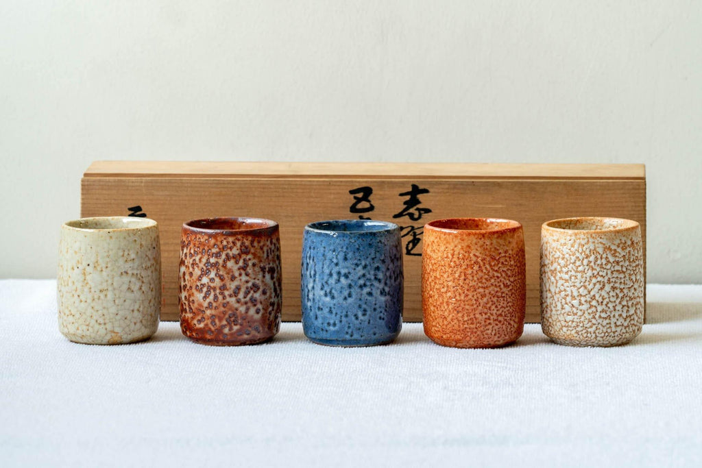 Japanese Teacup Set - Five Unique Shino Glazed Yunomi in Wooden Box - 100ml