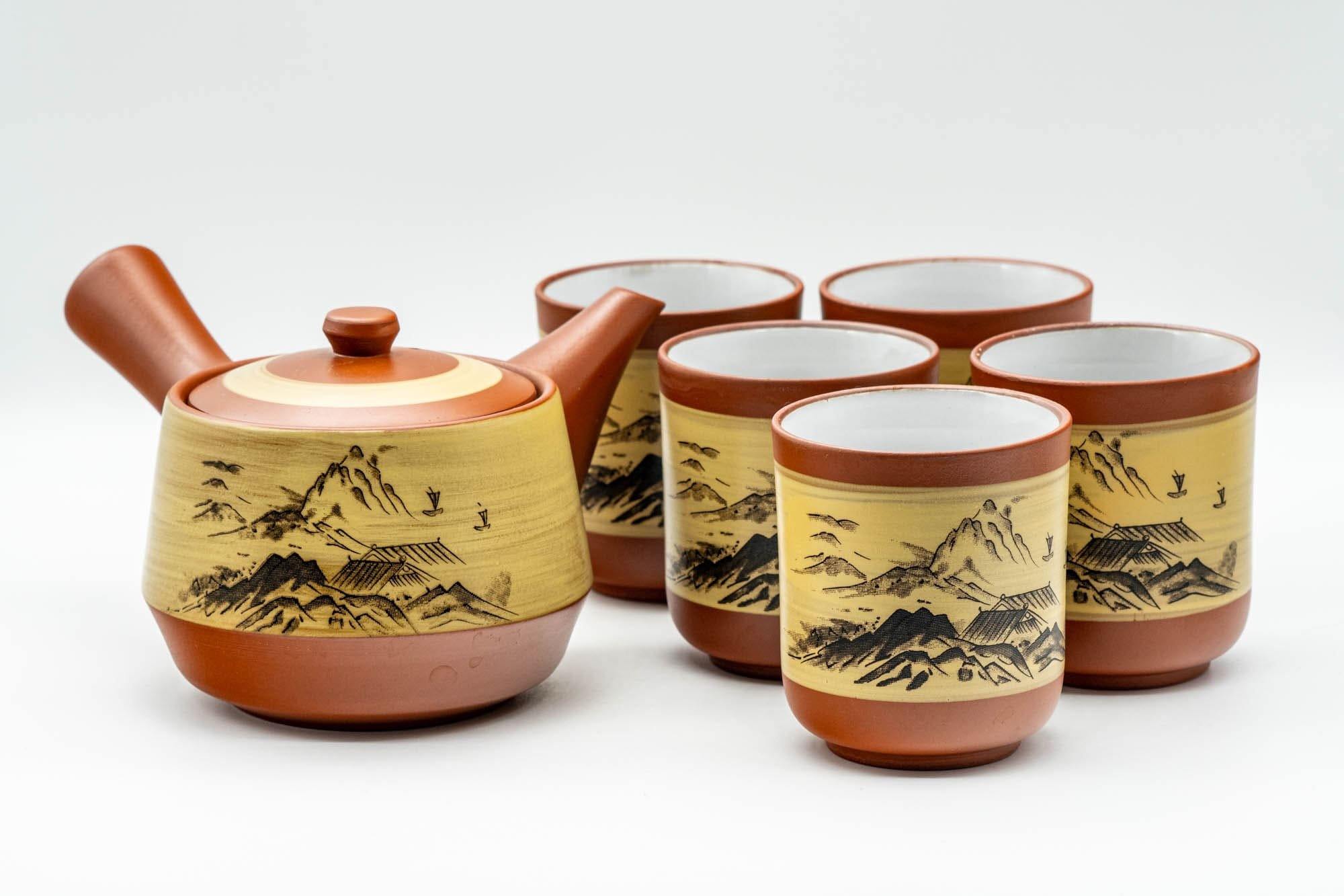 Japanese Tea Set - Mountainous Tokoname-yaki Debeso Kyusu Teapot with 5 White Inner Glazed Yunomi Teacups
