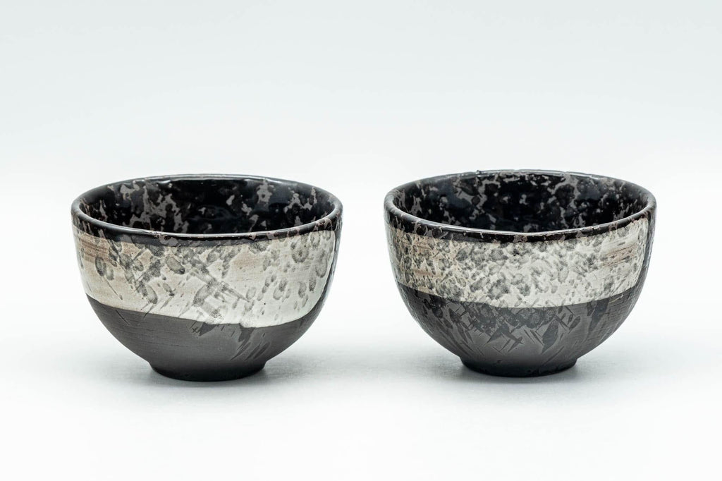 Japanese Teacups - Pair of Metallic Black Hakeme Guinomi - 60ml
