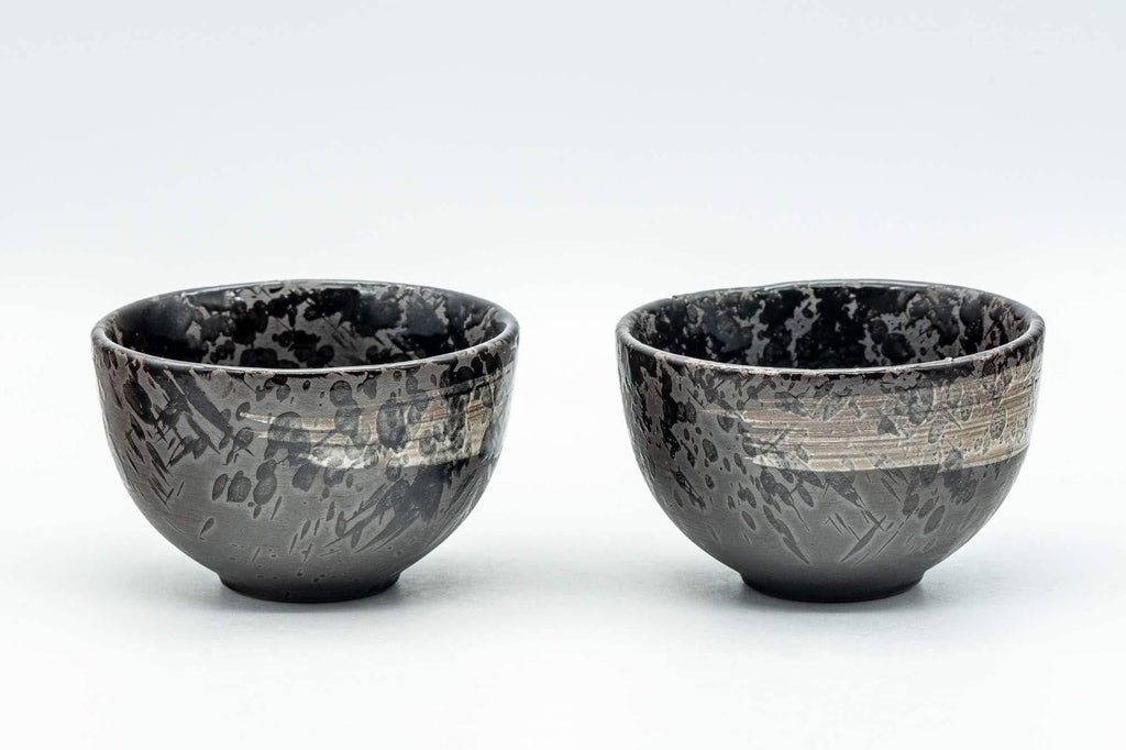 Japanese Teacups - Pair of Metallic Black Hakeme Guinomi - 60ml