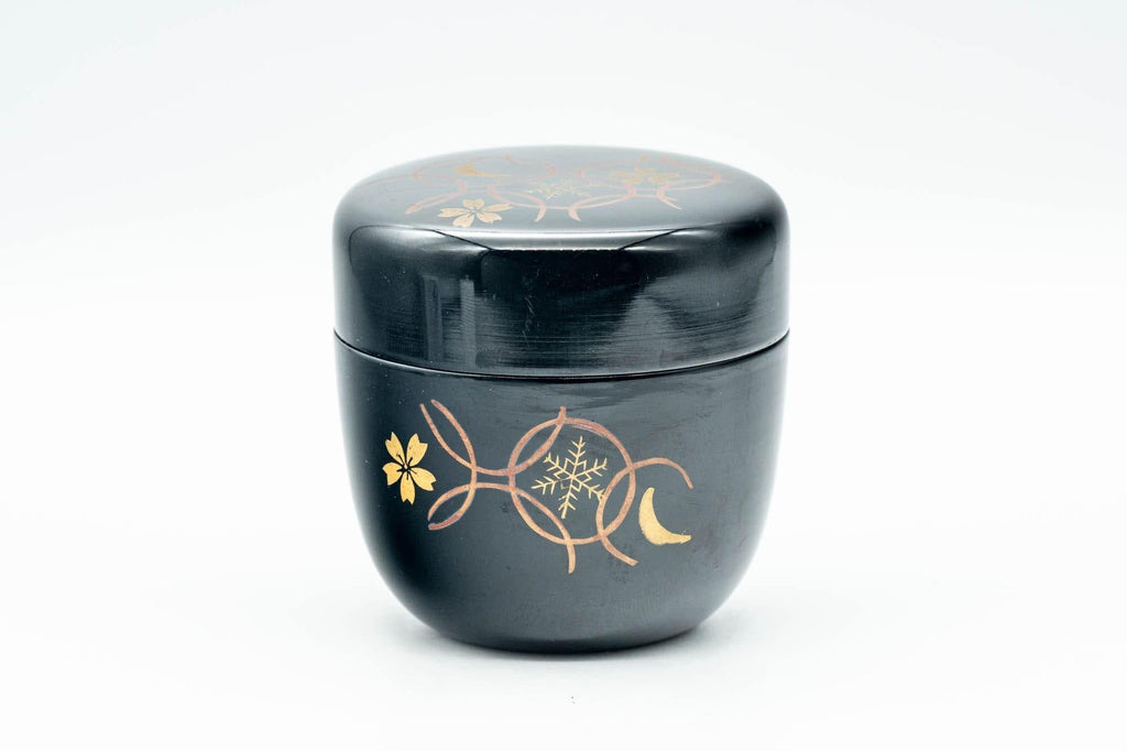 Japanese Natsume - Floral Geometric Black Lacquer Matcha Tea Caddy - 100ml