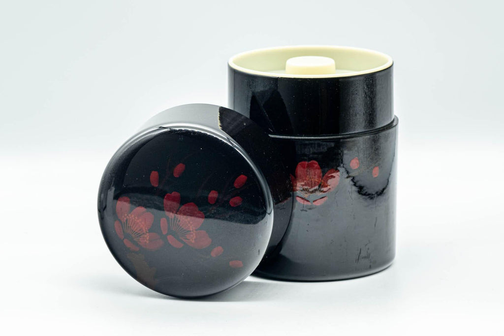 Japanese Chazutsu - Red Floral Black Lacquer Tea Canister - 350ml