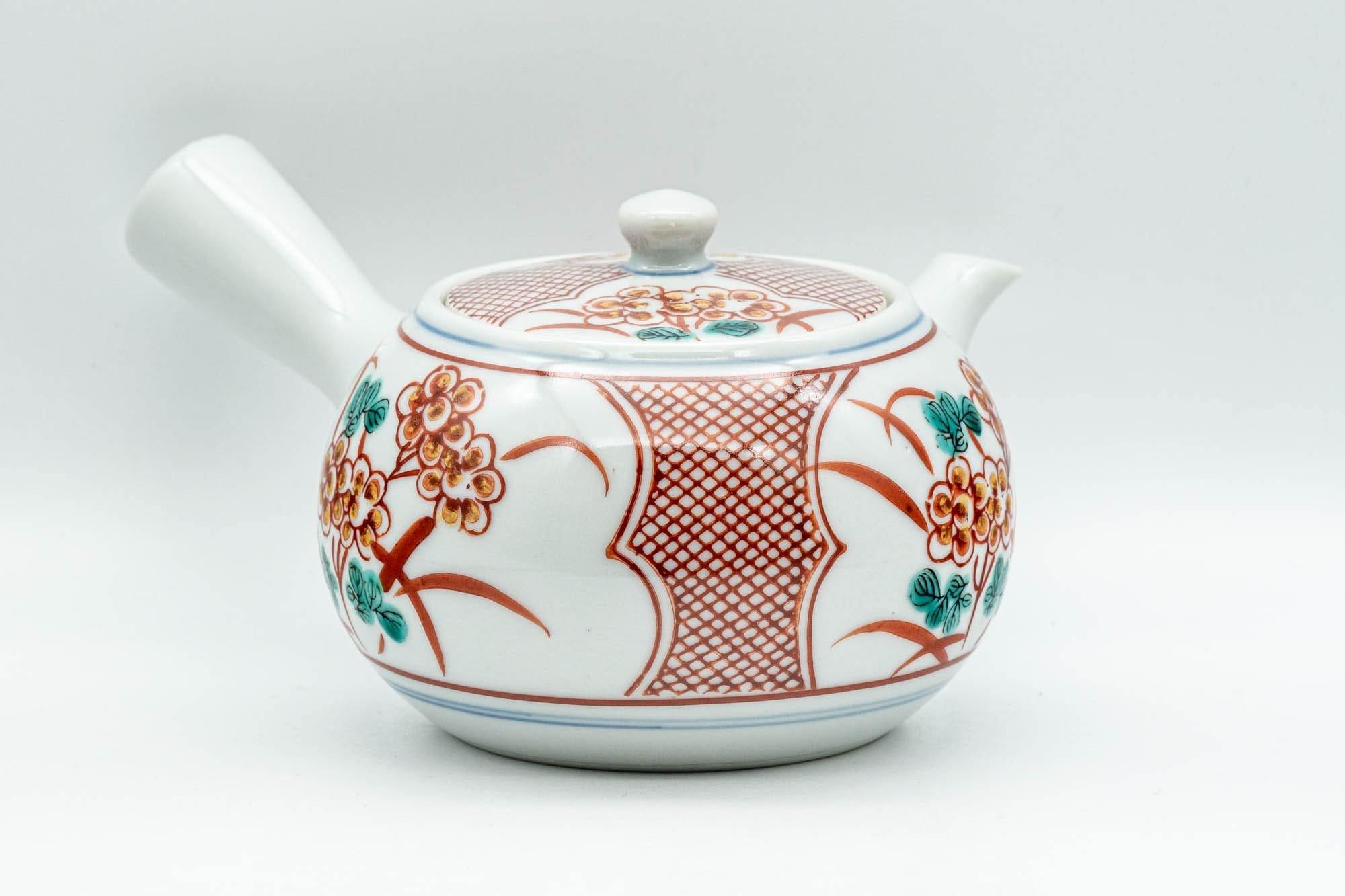 Japanese Tea Set - Floral Red Kutani-yaki Debeso Kyusu Teapot with 4 Yunomi Teacups