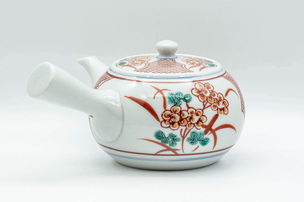 Japanese Tea Set - Floral Red Kutani-yaki Debeso Kyusu Teapot with 4 Yunomi Teacups