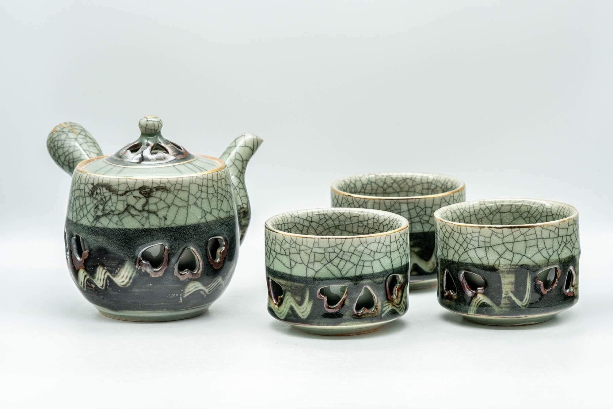 Japanese Tea Set - Obori Soma-yaki Double-walled Kyusu Teapot with 3 Yunomi Teacups