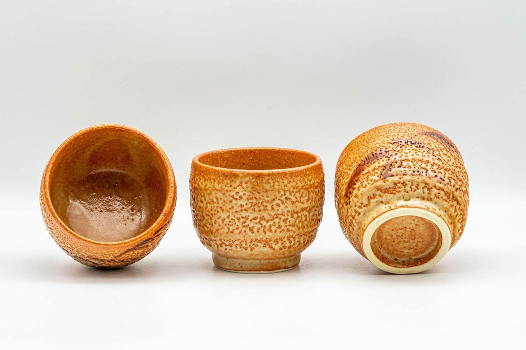 Japanese Tea Set - Orange Shino Glazed Debeso Kyusu Teapot with 3 Yunomi Teacups