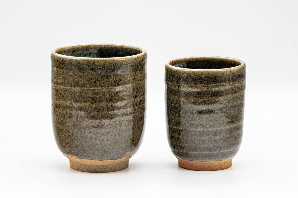 Japanese Teacups - Pair of Beige Green Drip-Glazed Meoto Yunomi