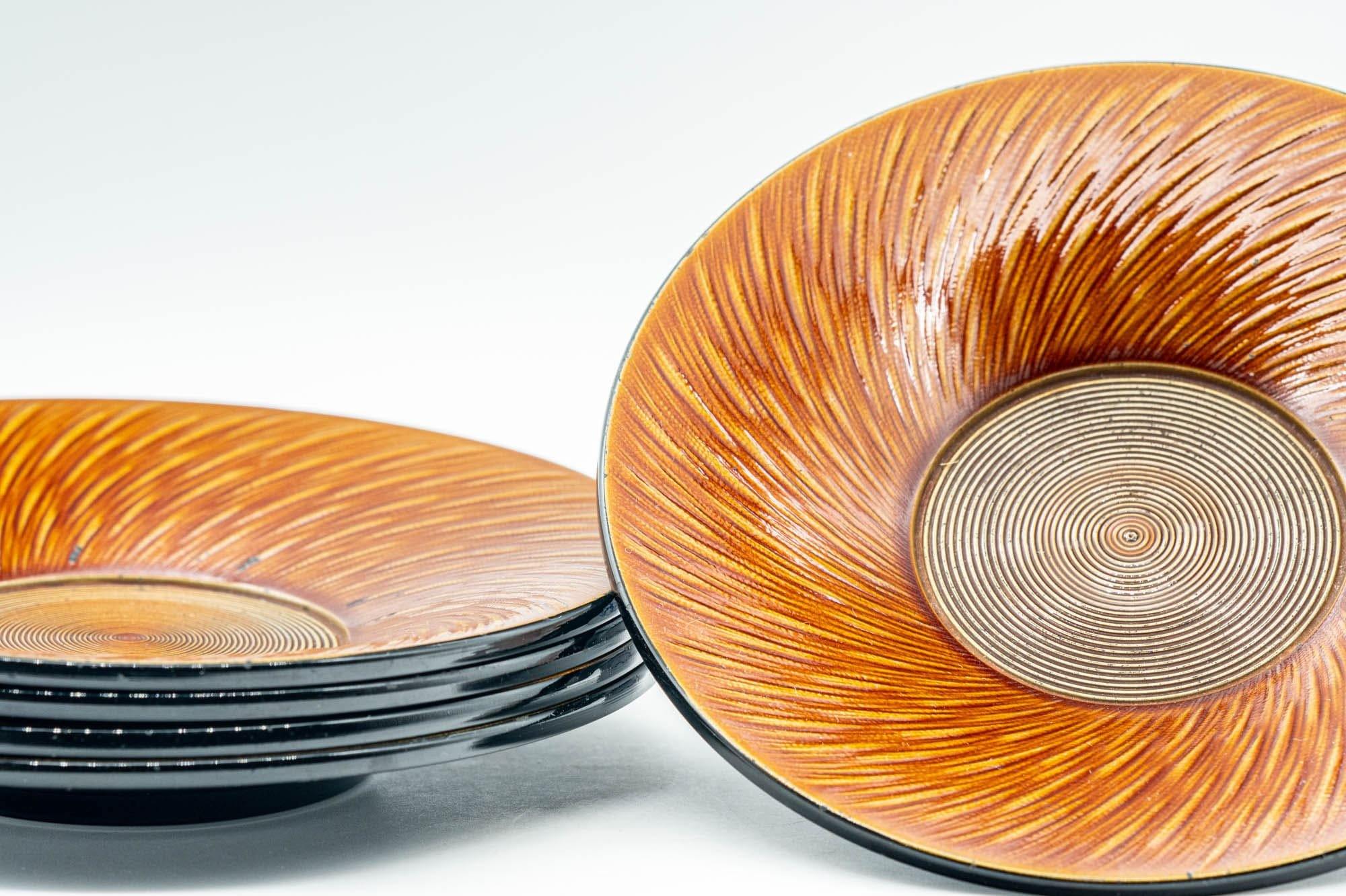 Japanese Chataku - Set of 5 Orange Outward Spiraling Black Lacquer Tea Saucers