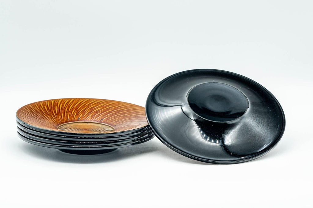 Japanese Chataku - Set of 5 Orange Outward Spiraling Black Lacquer Tea Saucers