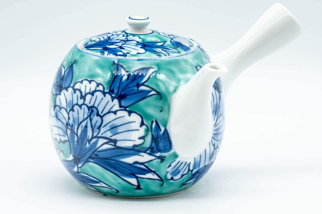 Japanese Tea Set - Blue Green Floral Arita-yaki Debeso Kyusu Teapot with 4 Yunomi Teacups