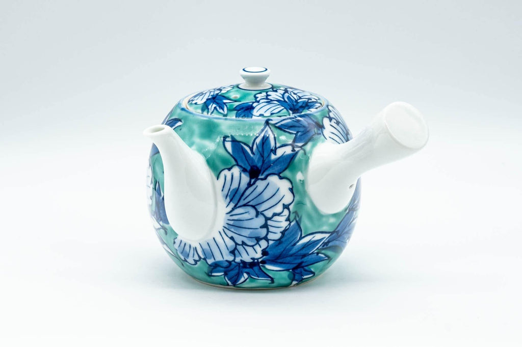 Japanese Tea Set - Blue Green Floral Arita-yaki Debeso Kyusu Teapot with 4 Yunomi Teacups