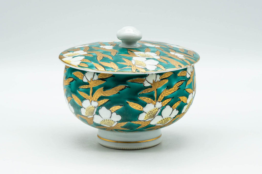 Japanese Teacup - Green White Floral Porcelain Arita-yaki Lidded Yunomi - 150ml