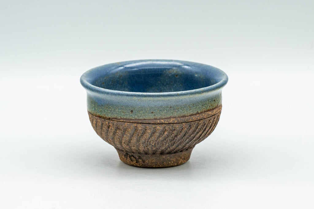 Japanese Teacup - Blue Glazed Carved Base Exterior Guinomi - 45ml