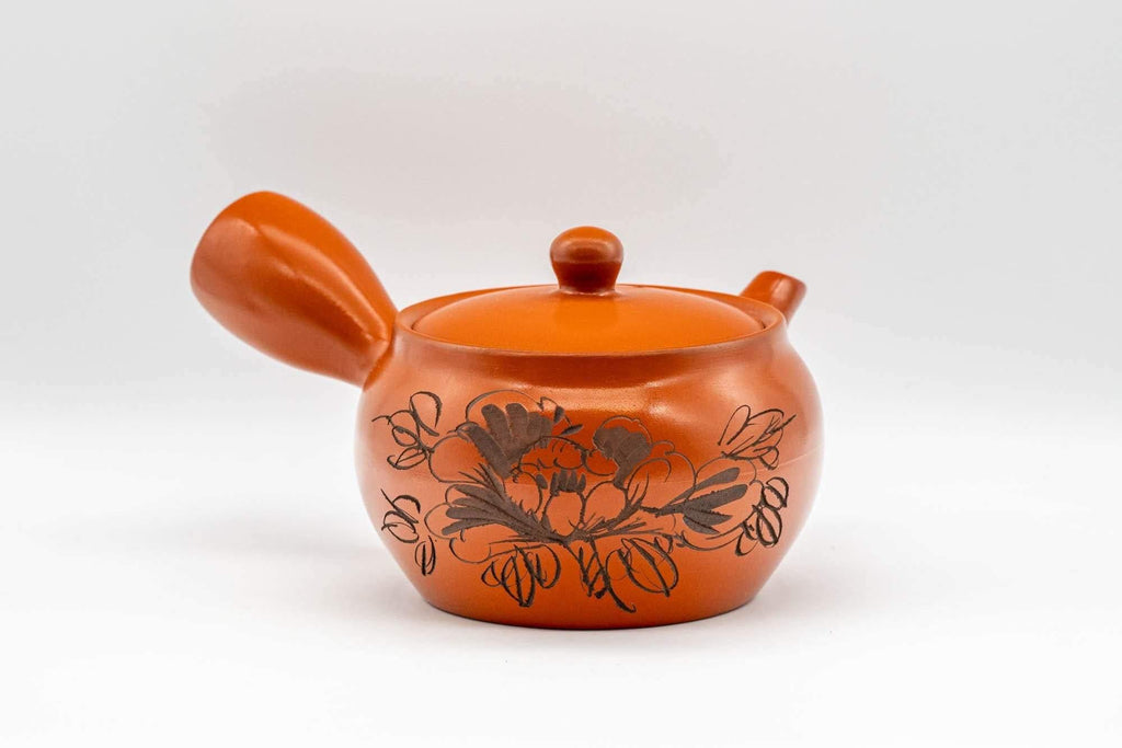 Japanese Kyusu - Floral Engraved Tokoname-yaki Teapot - 350ml