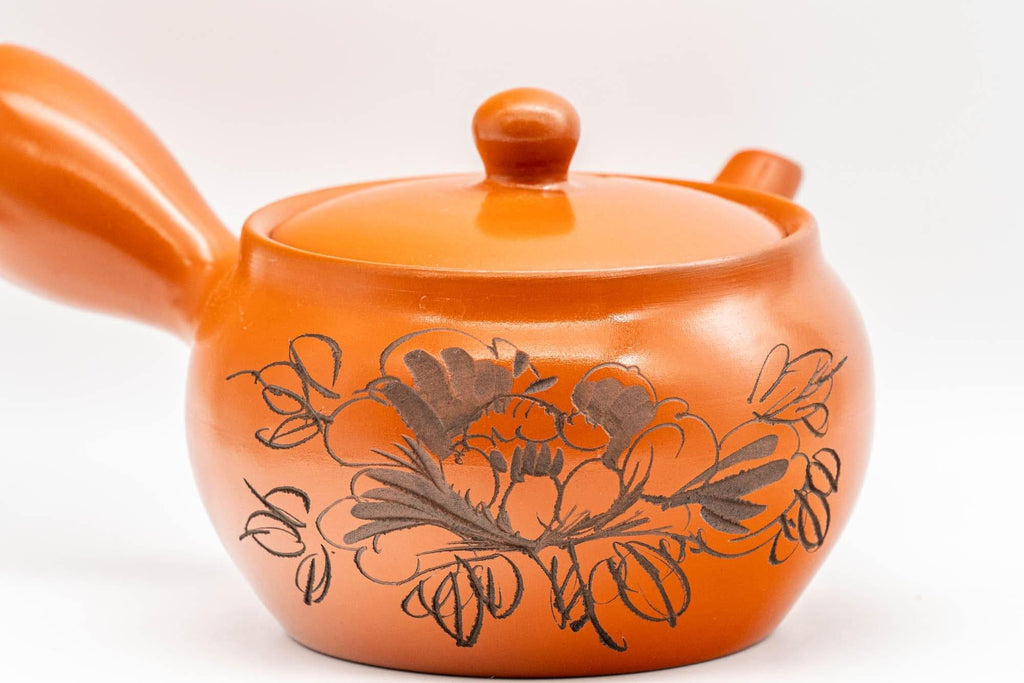 Japanese Kyusu - Floral Engraved Tokoname-yaki Teapot - 350ml