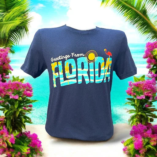 Tiki Docks - Greetings From Florida, Unisex Tee Shirt in Navy