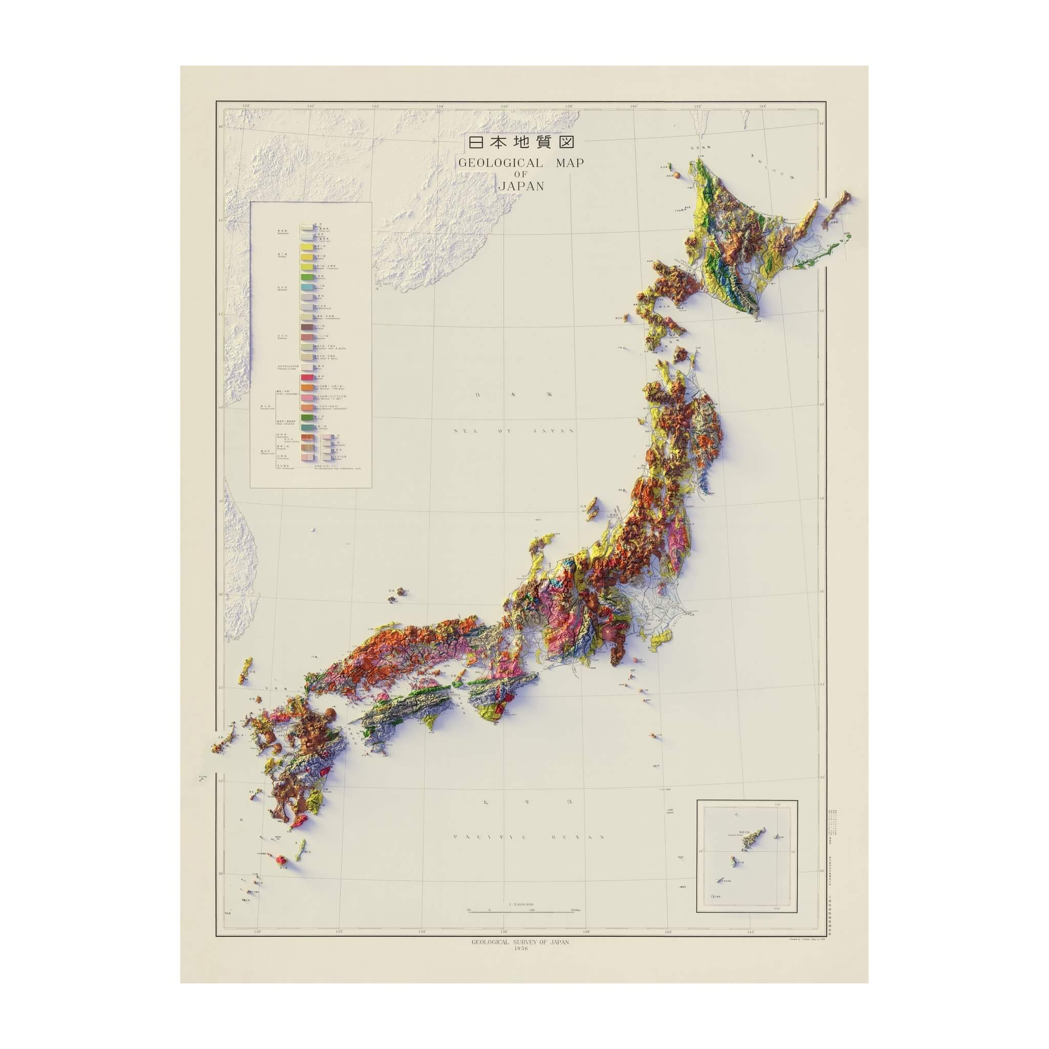Japan 1956 Shaded Relief Map - No Frame