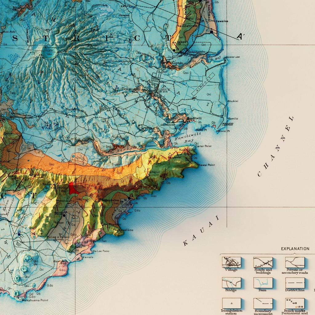 Kauai 1960 Geologic Shaded Relief Map - No Frame