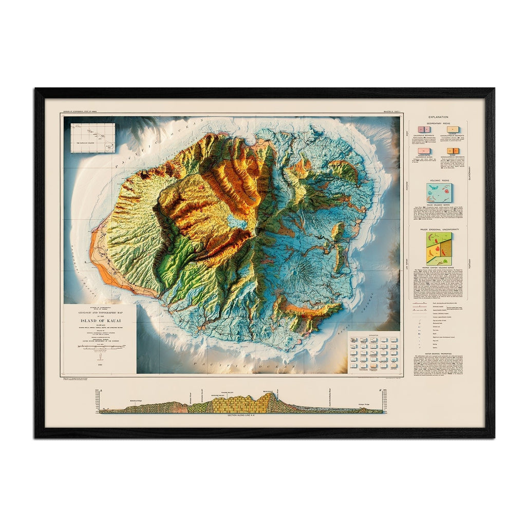 Kauai 1960 Geologic Shaded Relief Map - No Frame