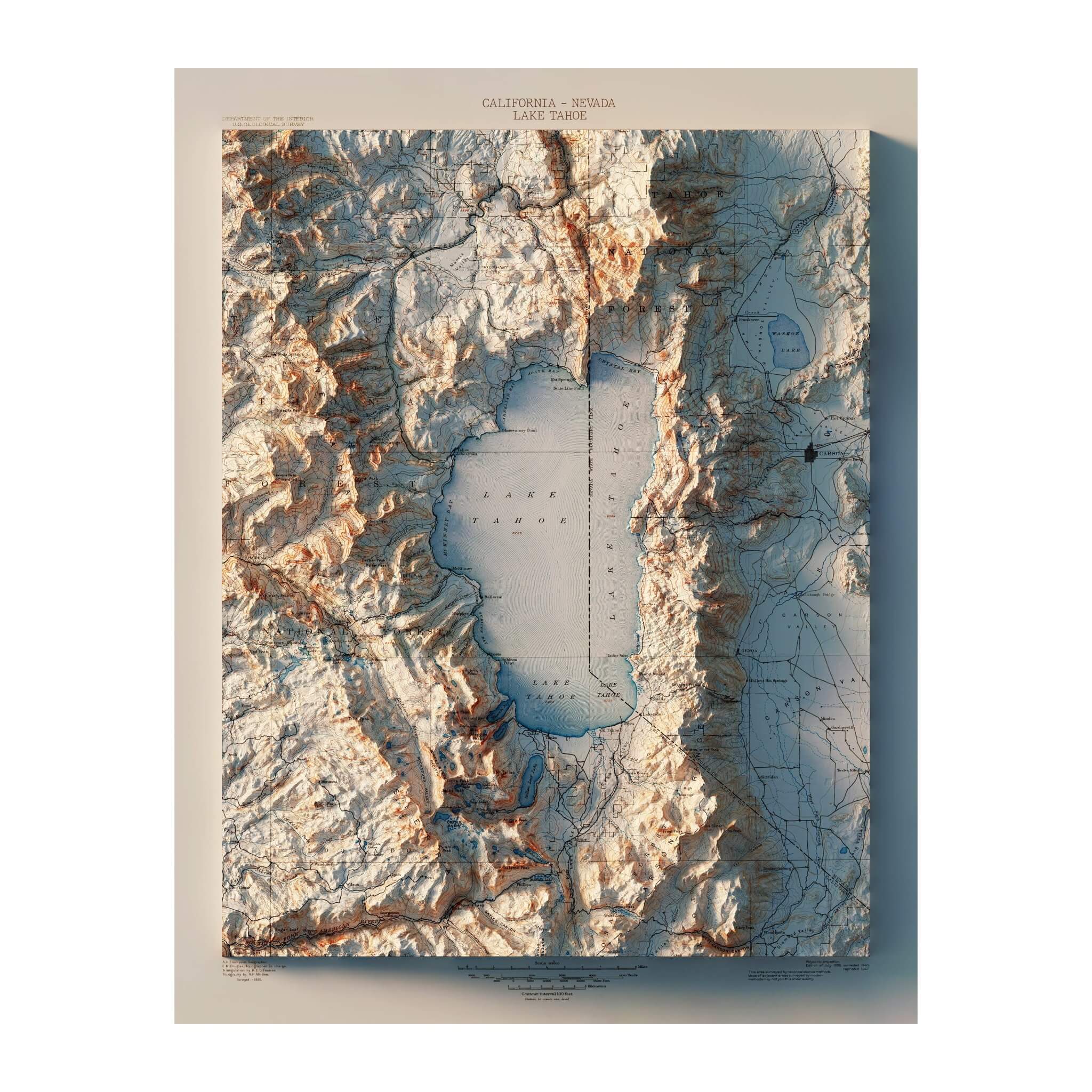 Lake Tahoe 1895 Shaded Relief Map - No Frame