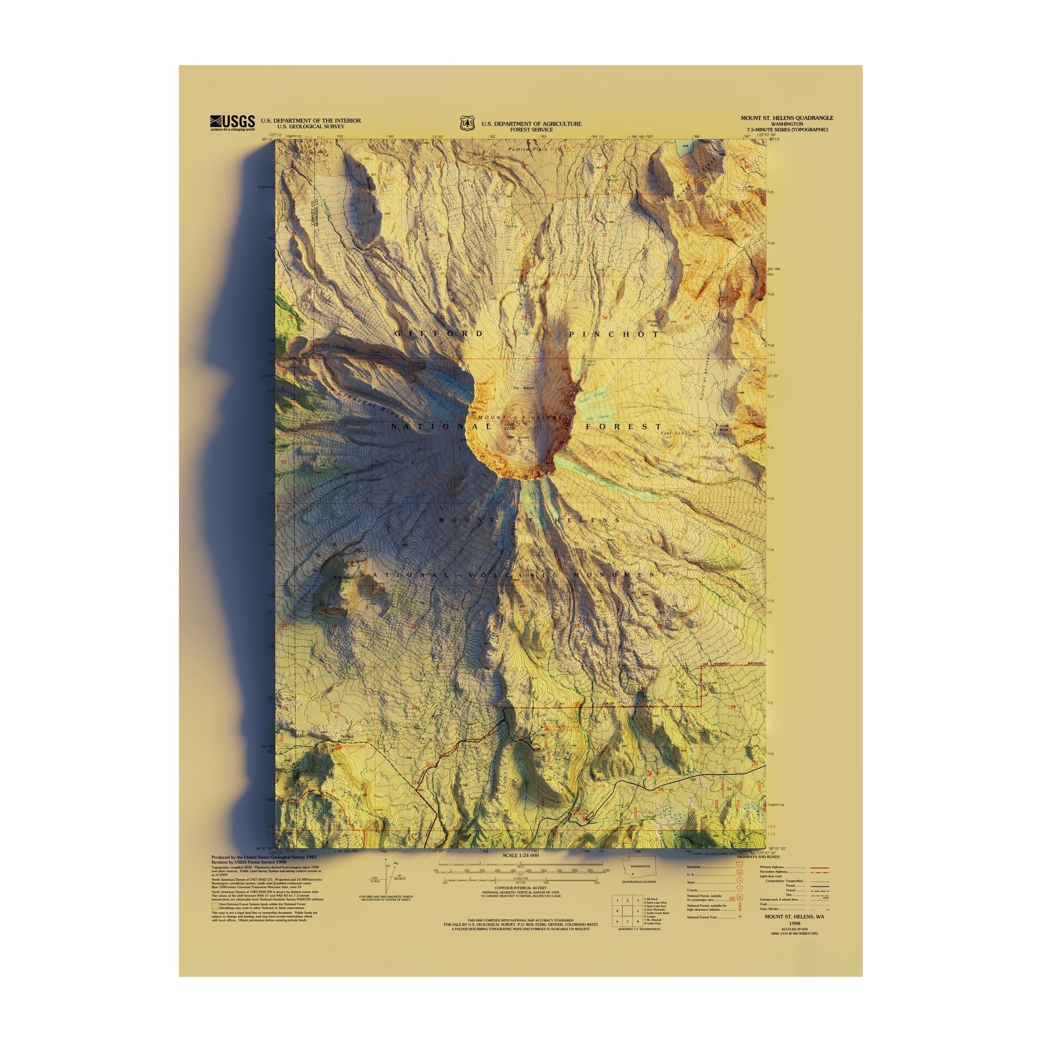 Mount St. Helens, WA 1998 Shaded Relief Map - No Frame