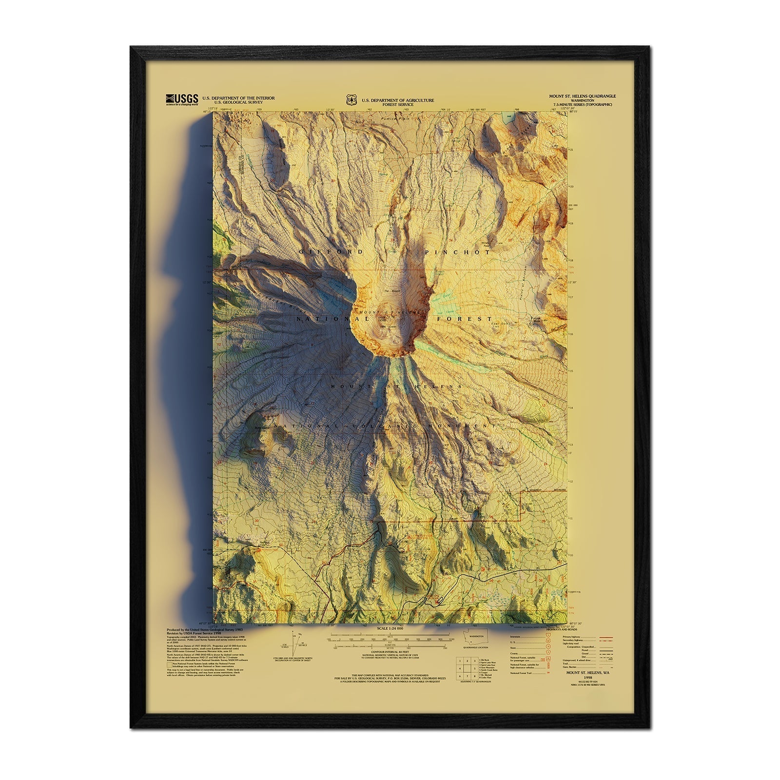 Mount St. Helens, WA 1998 Shaded Relief Map - No Frame