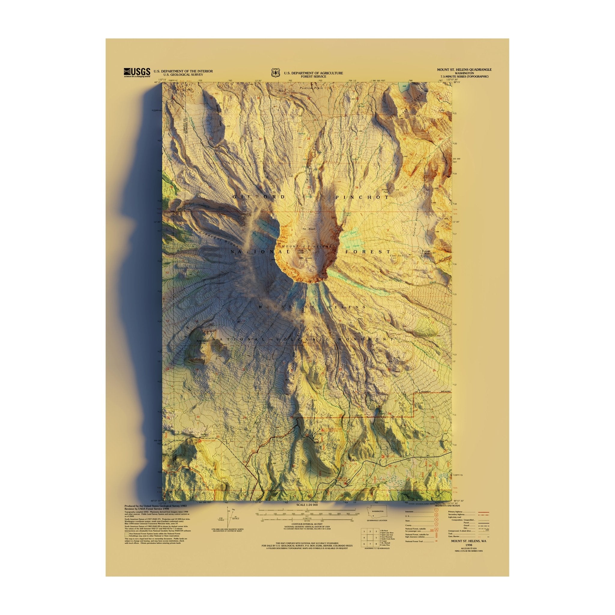 Mount St. Helens, WA 1998 Shaded Relief Map - No Frame