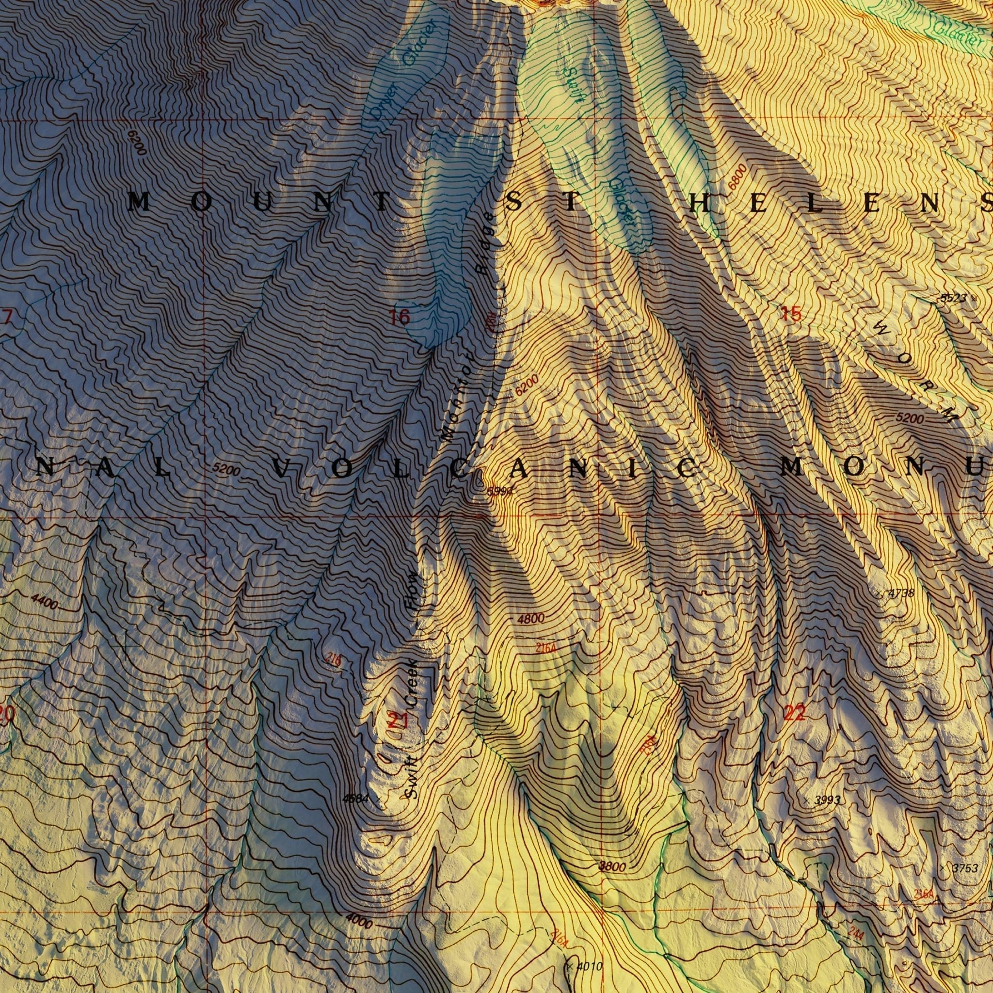 Mount St. Helens, WA 1998 Shaded Relief Map - No Frame