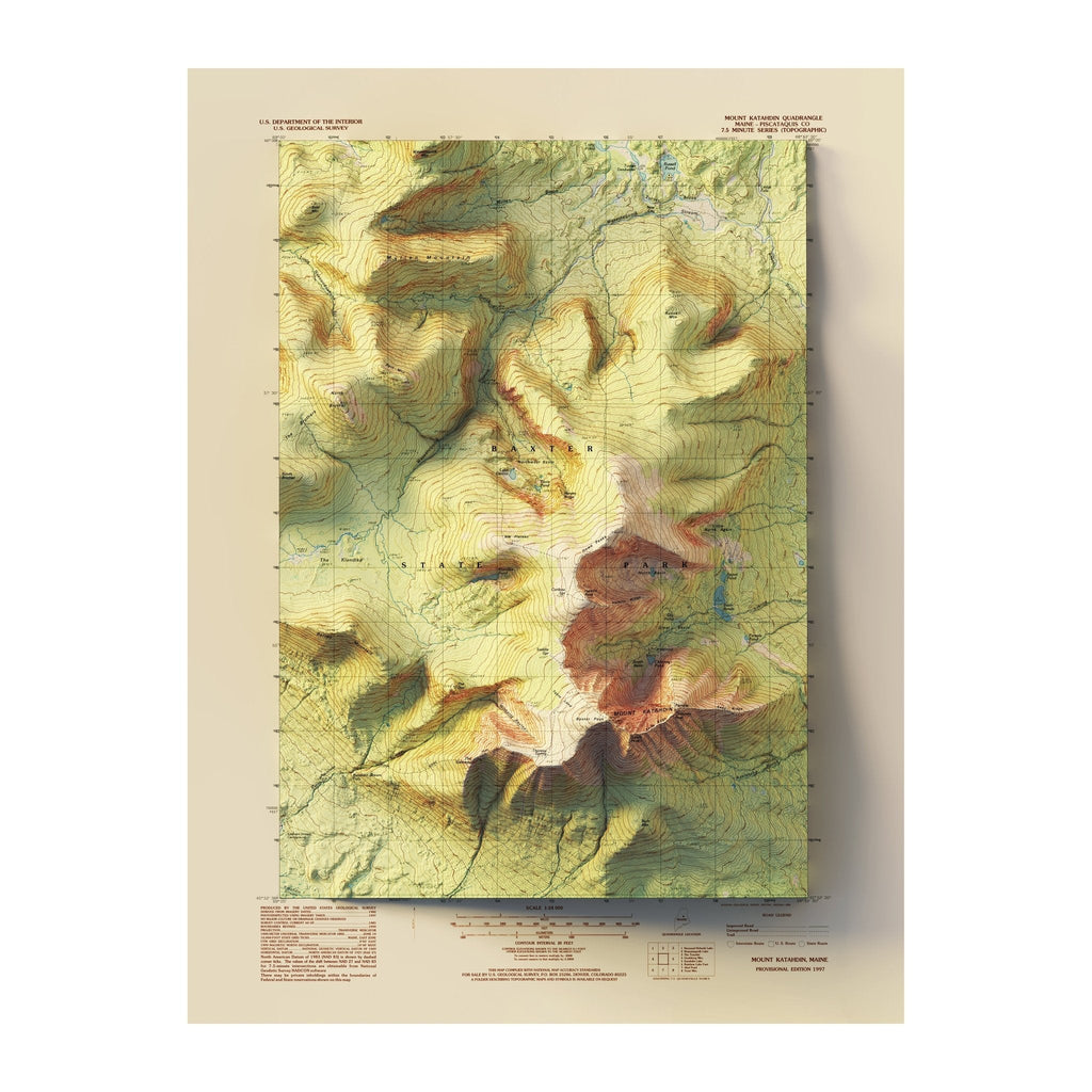 Mt. Katahdin, Maine 1997 Shaded Relief Map - No Frame