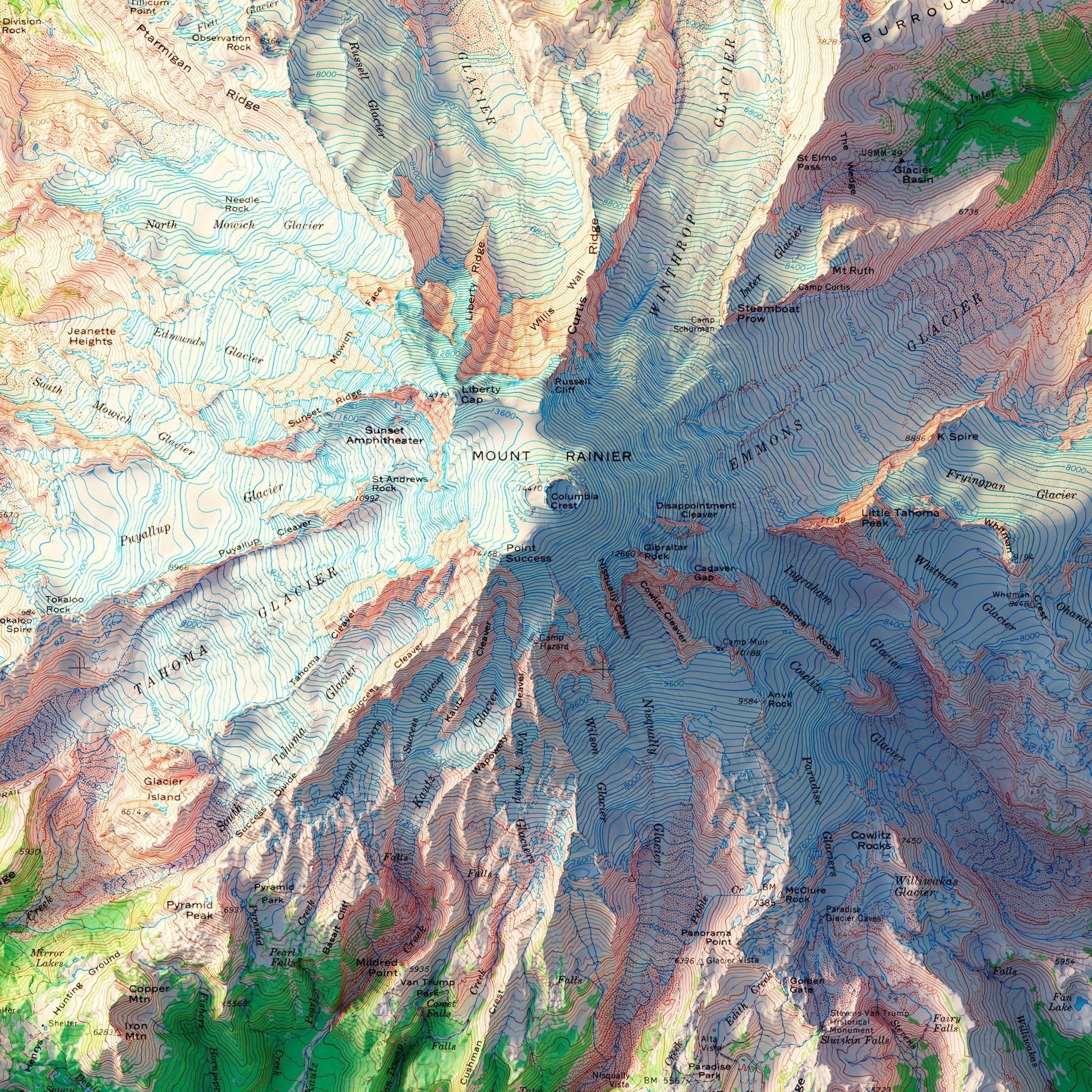 Mt. Rainier National Park 1971 Shaded Relief Map - No Frame