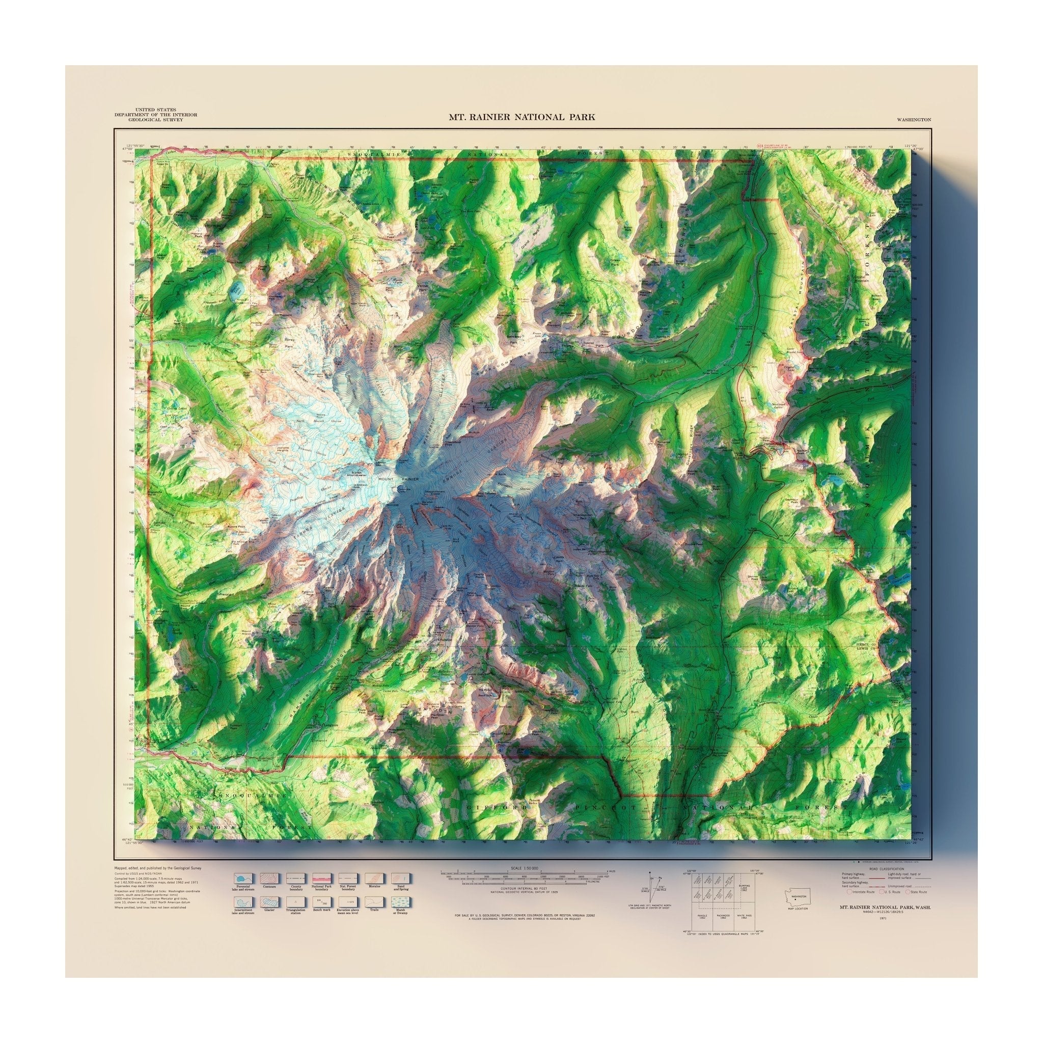Mt. Rainier National Park 1971 Shaded Relief Map - No Frame