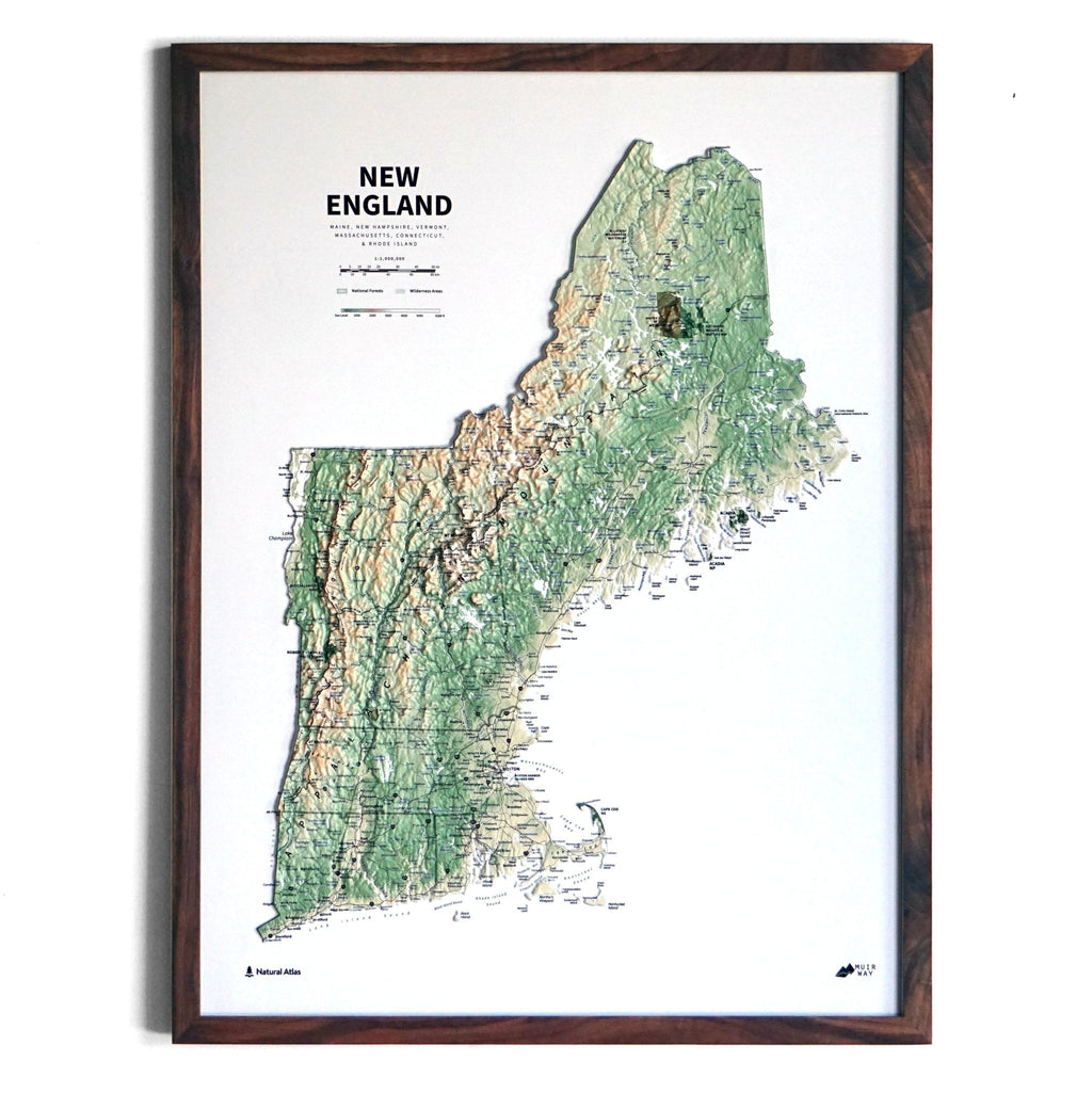 New England 3D Raised Relief Map - No Frame