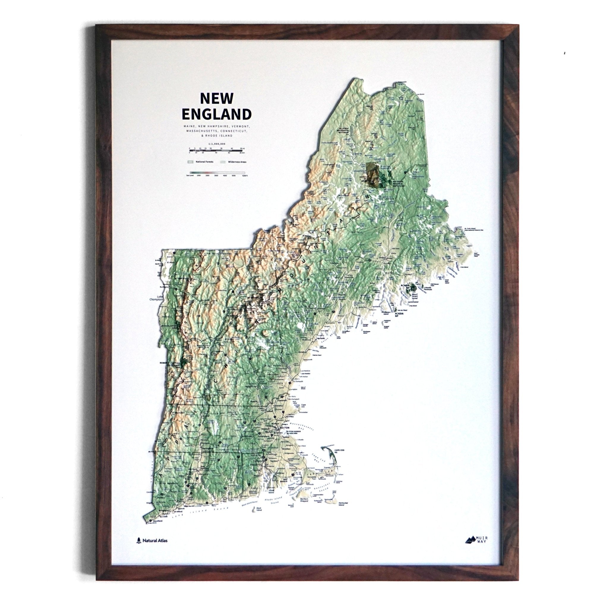 New England 3D Raised Relief Map - No Frame