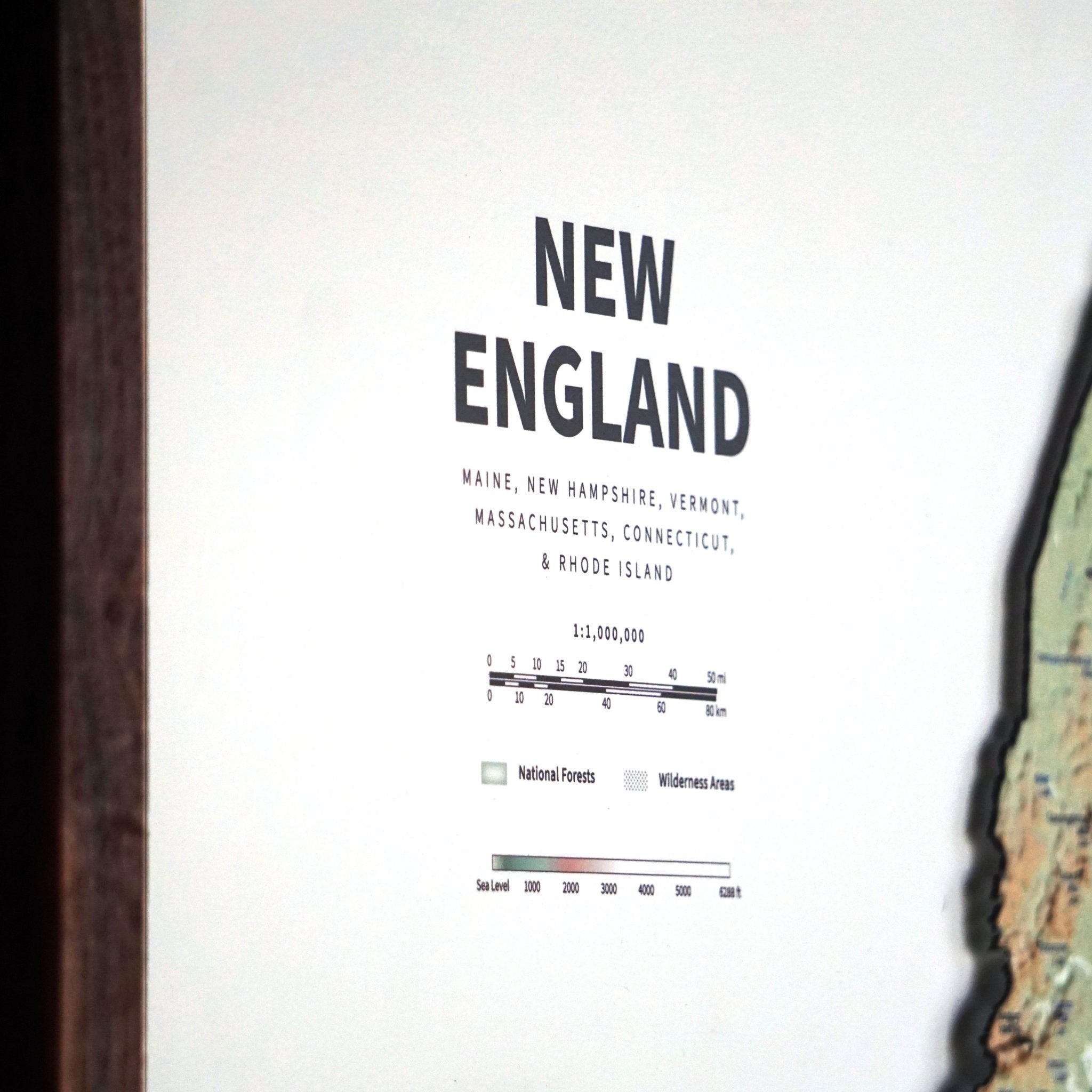 New England 3D Raised Relief Map - No Frame